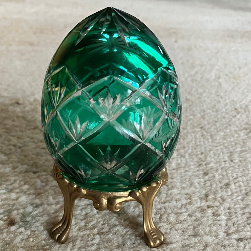 Vintage Cut Bohemian Czech Glass Emerald Green and Gold Tone Base
